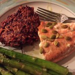 beet pancakes with salmon and asparagus